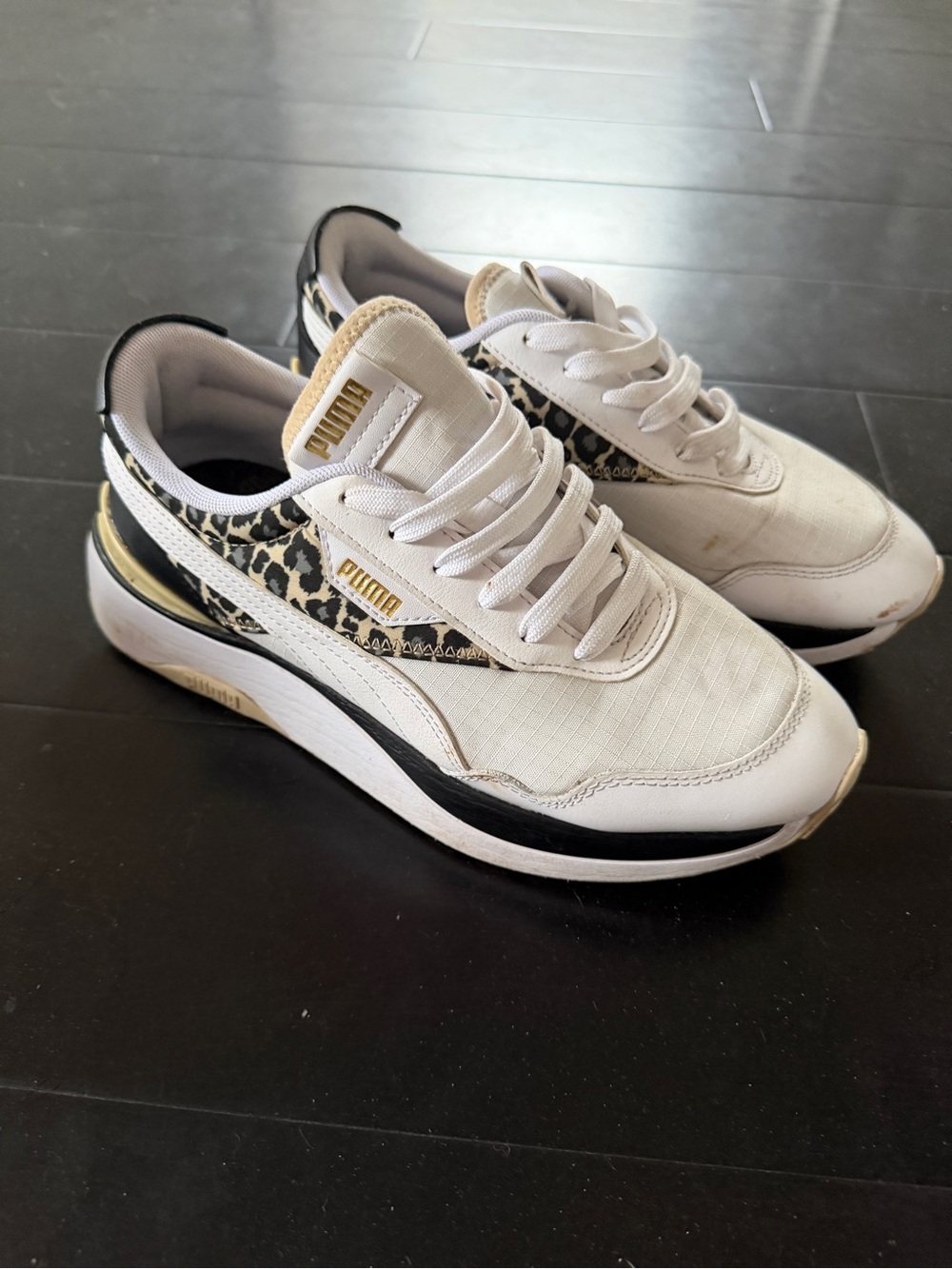 Puma Women's White Sneakers with Leopard and Gold Accents
